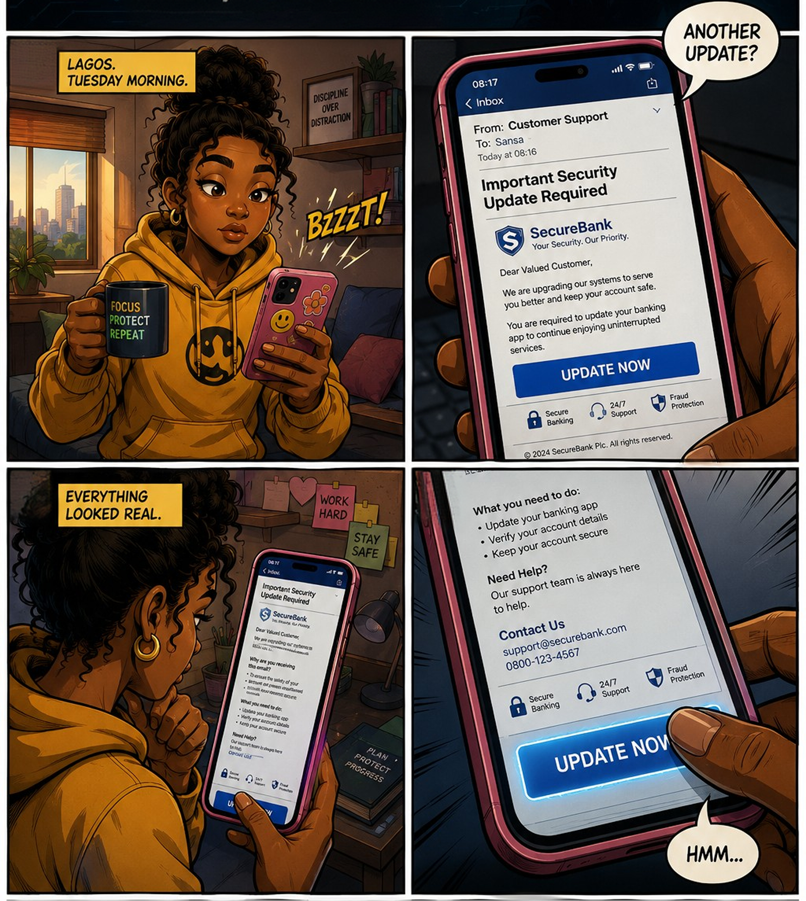 Lagos, Tuesday morning — Sansa reads a fake SecureBank update email