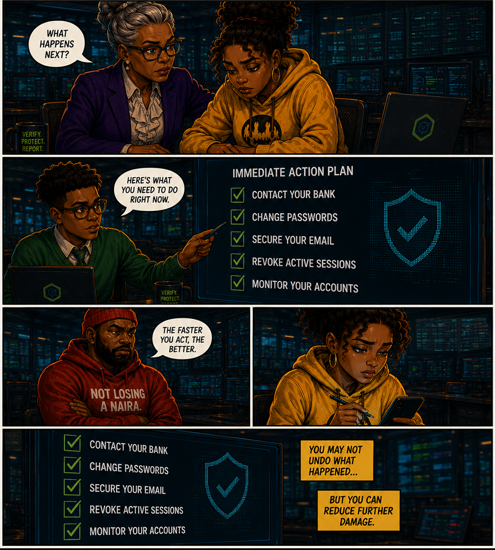 Immediate action plan — contact the bank, change passwords, secure email