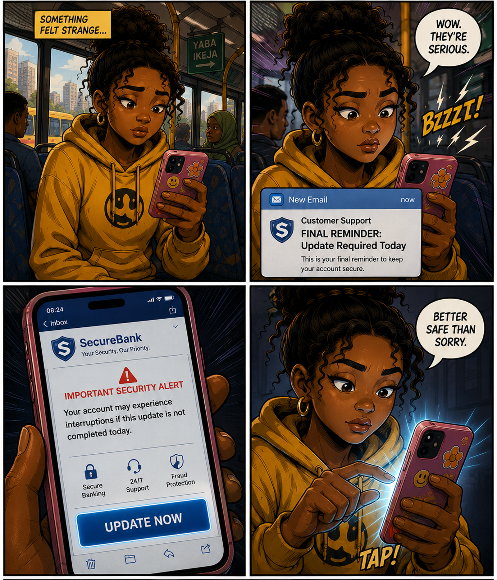 On the bus, Sansa taps UPDATE NOW after a final reminder