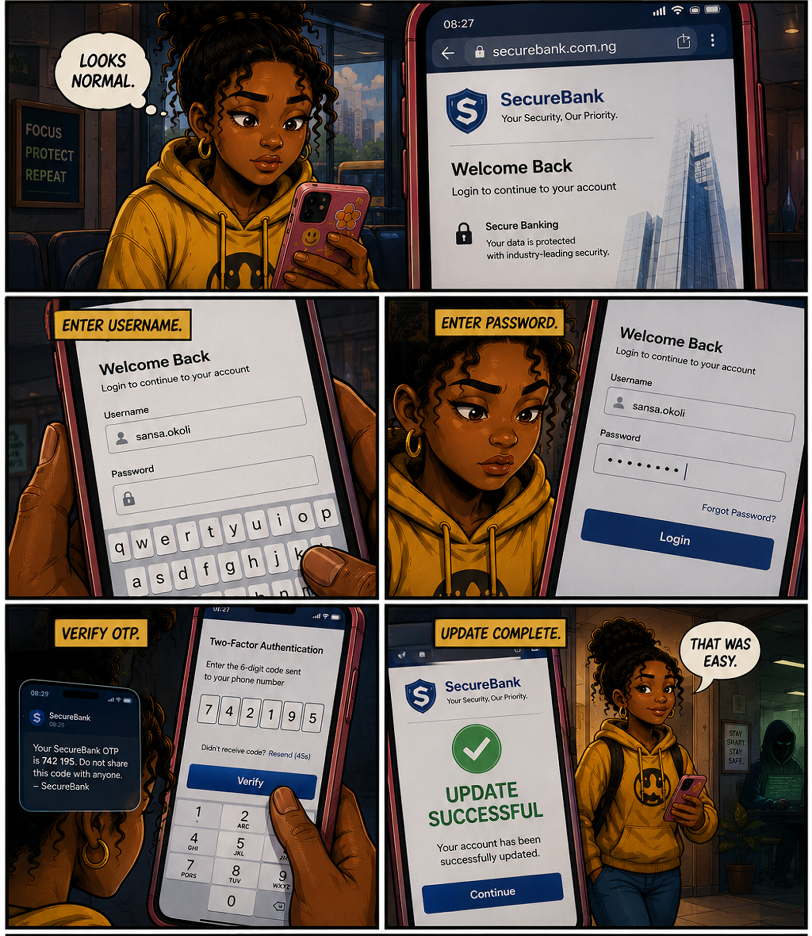 Sansa logs in, enters her password and OTP on a fake SecureBank page