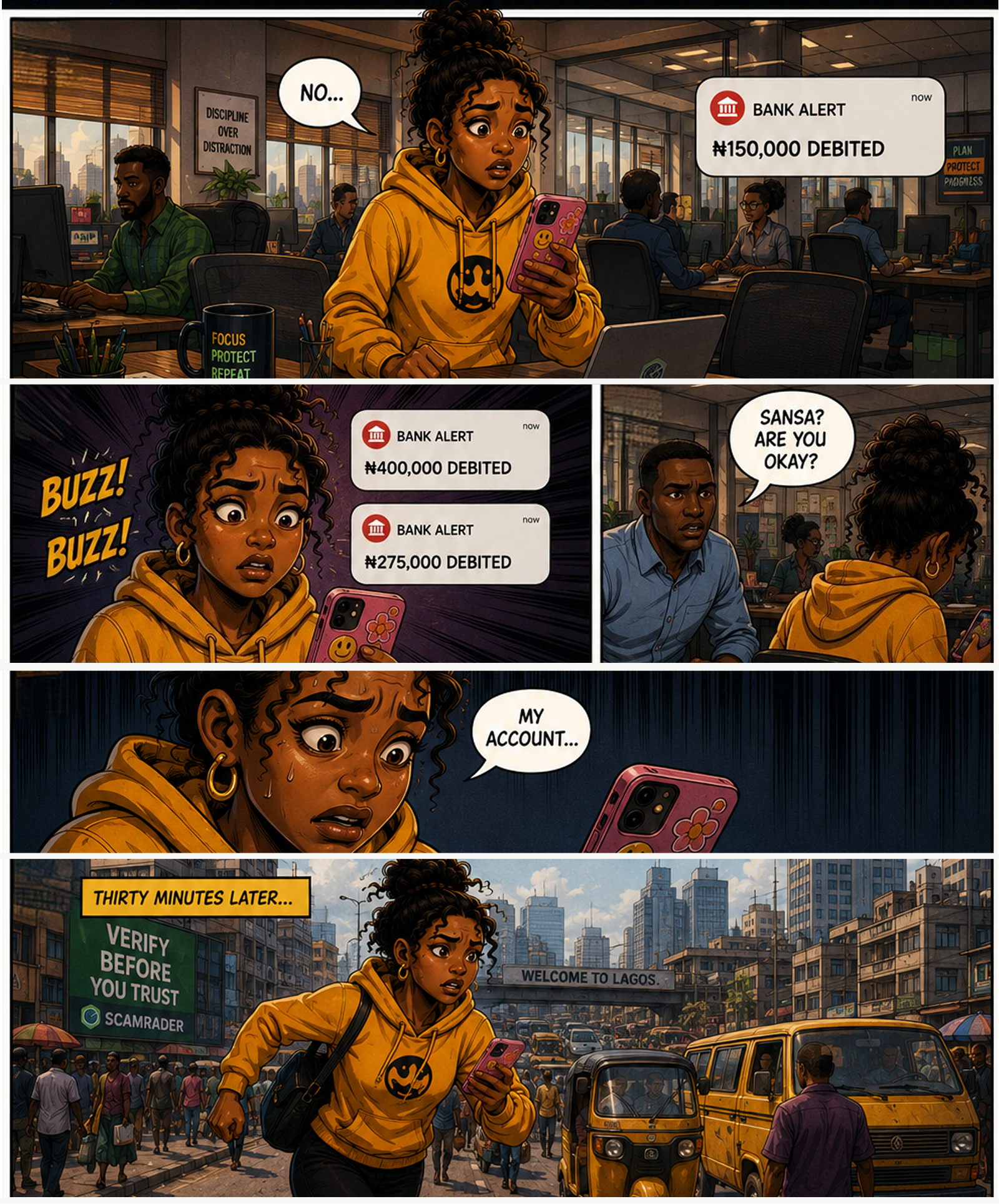 Sansa realizes her account is being emptied and runs through Lagos