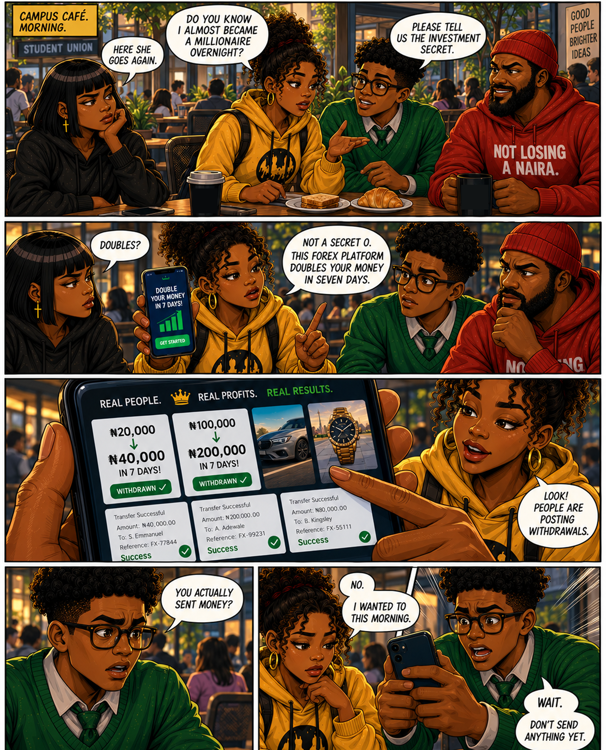 Campus café morning — Sansa almost invests after seeing fake withdrawal proof; Kobo tells her not to send anything yet