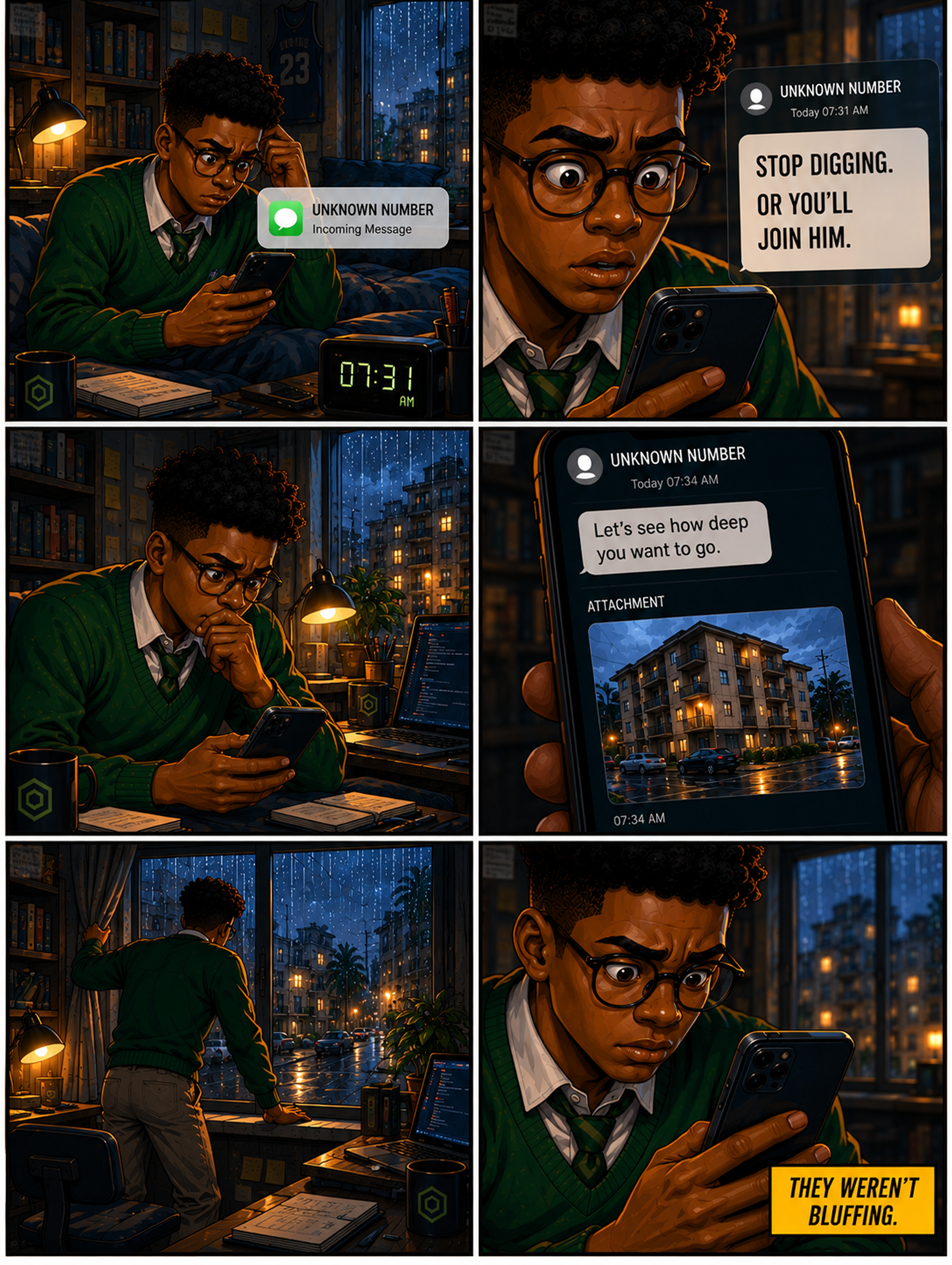 The first warning — an unknown number texts Kobo to stop digging and sends a live photo of the building outside his window