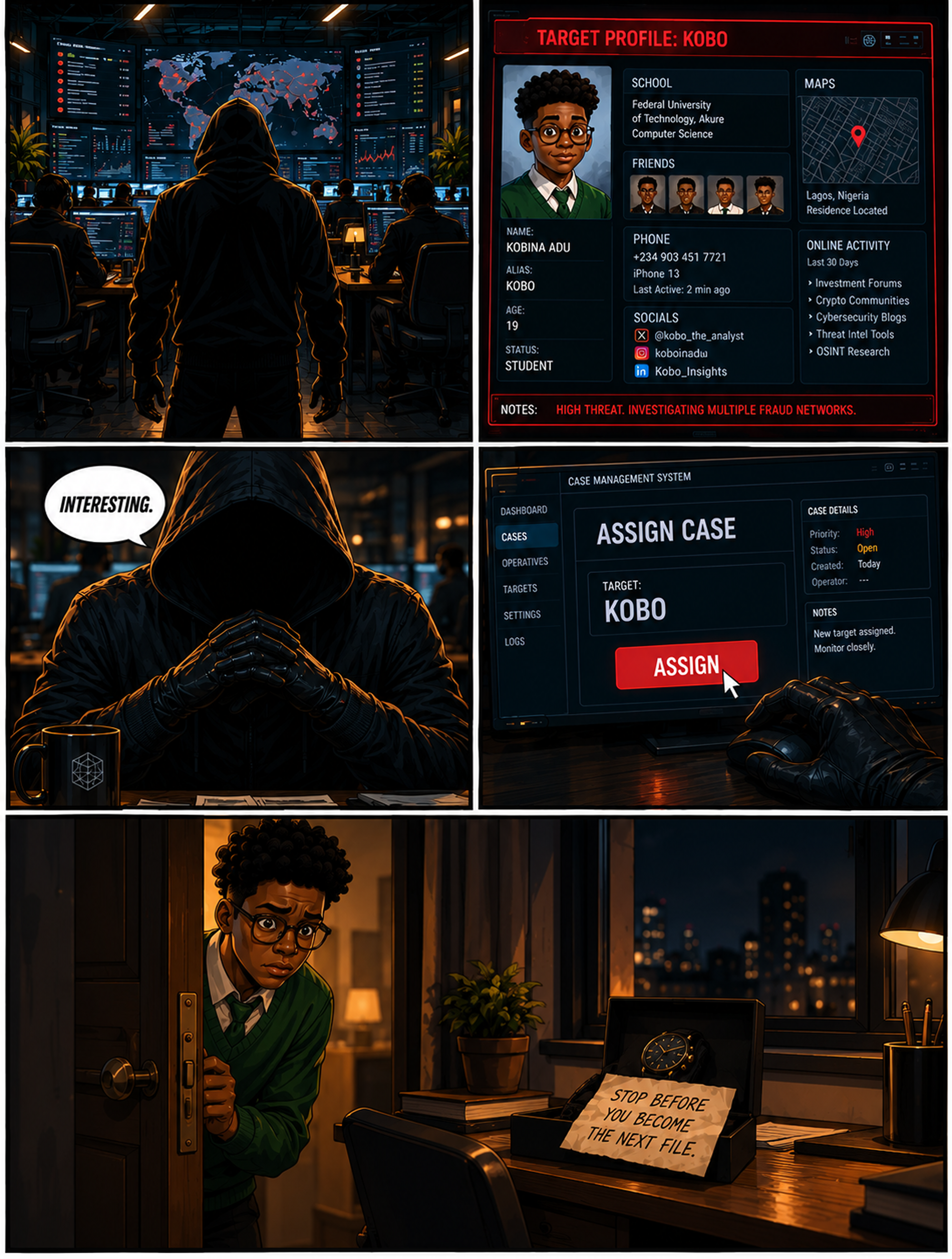 The hunter — The System profiles Kobina Adu as a high threat, assigns HNTR-07, and leaves a warning watch at his door