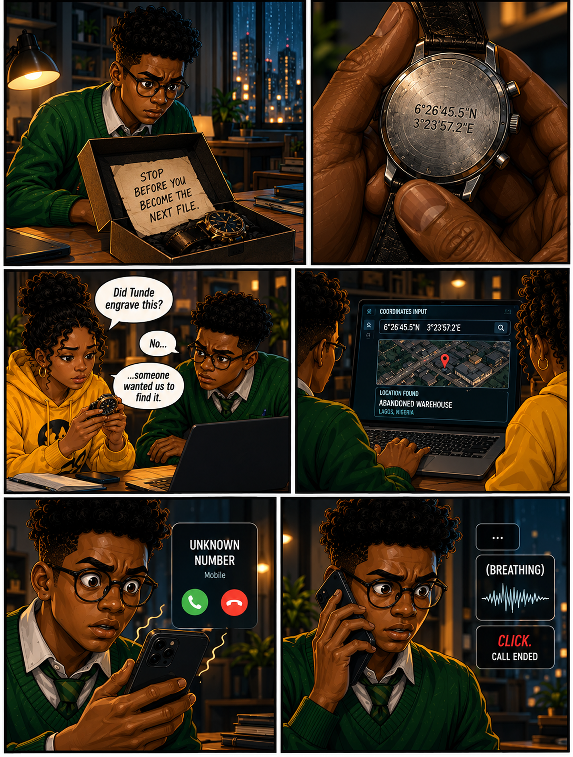 The package — coordinates engraved on the watch lead to an abandoned Lagos waterfront warehouse, then an unknown caller breathes and hangs up