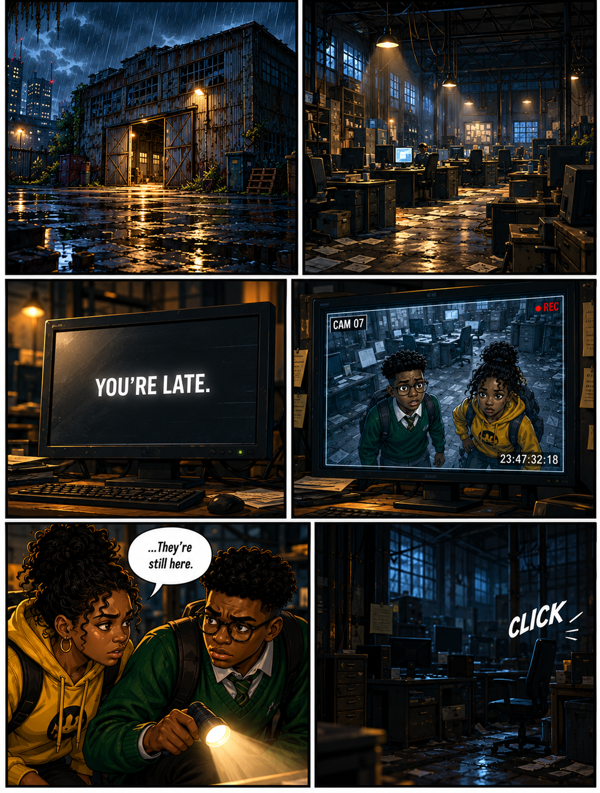 The warehouse — monitors say you’re late, cameras record Kobo and Sansa, and a click sounds in the dark