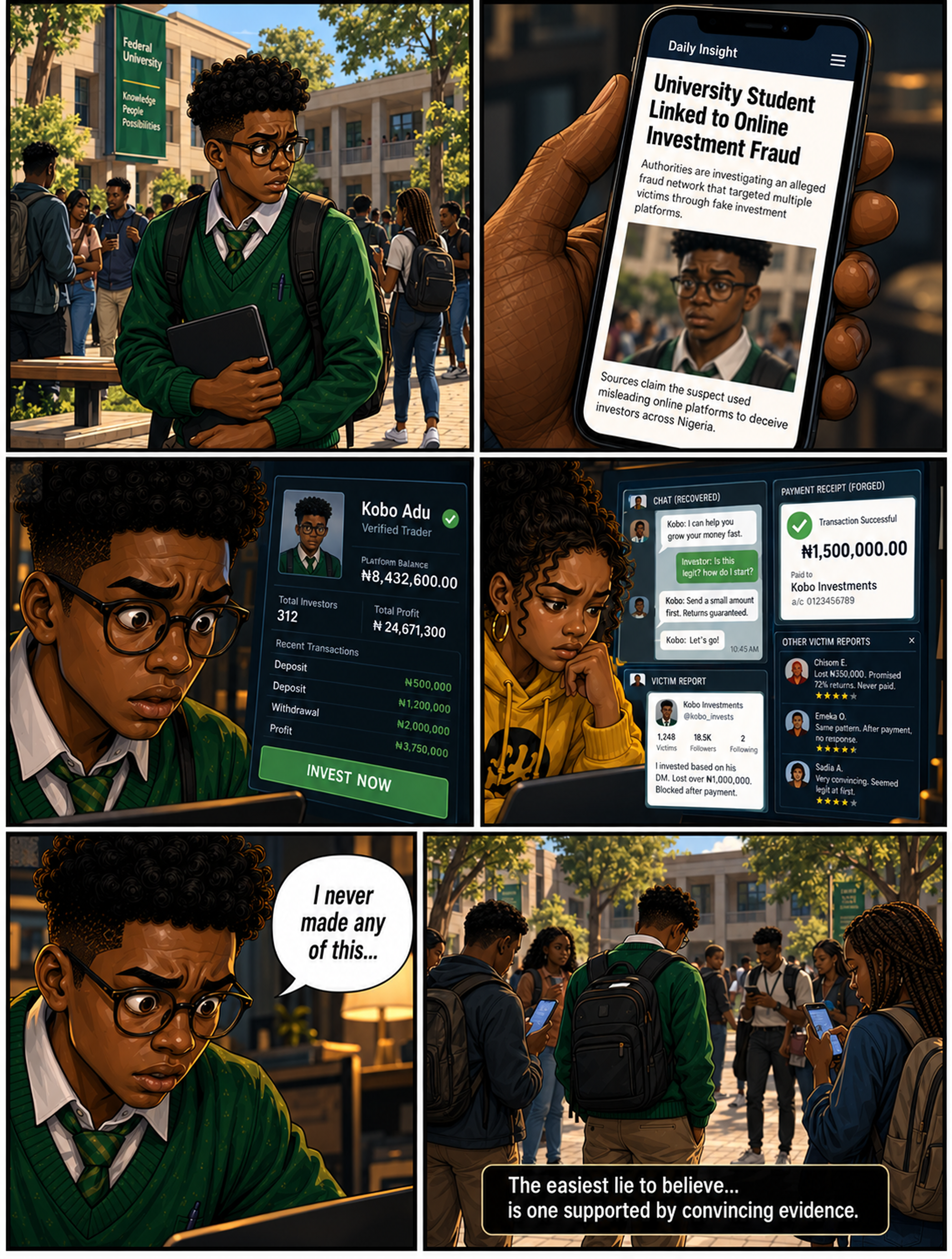 The ghost account — campus news links Kobo to investment fraud using forged chats, payments, profiles, and fake testimonials