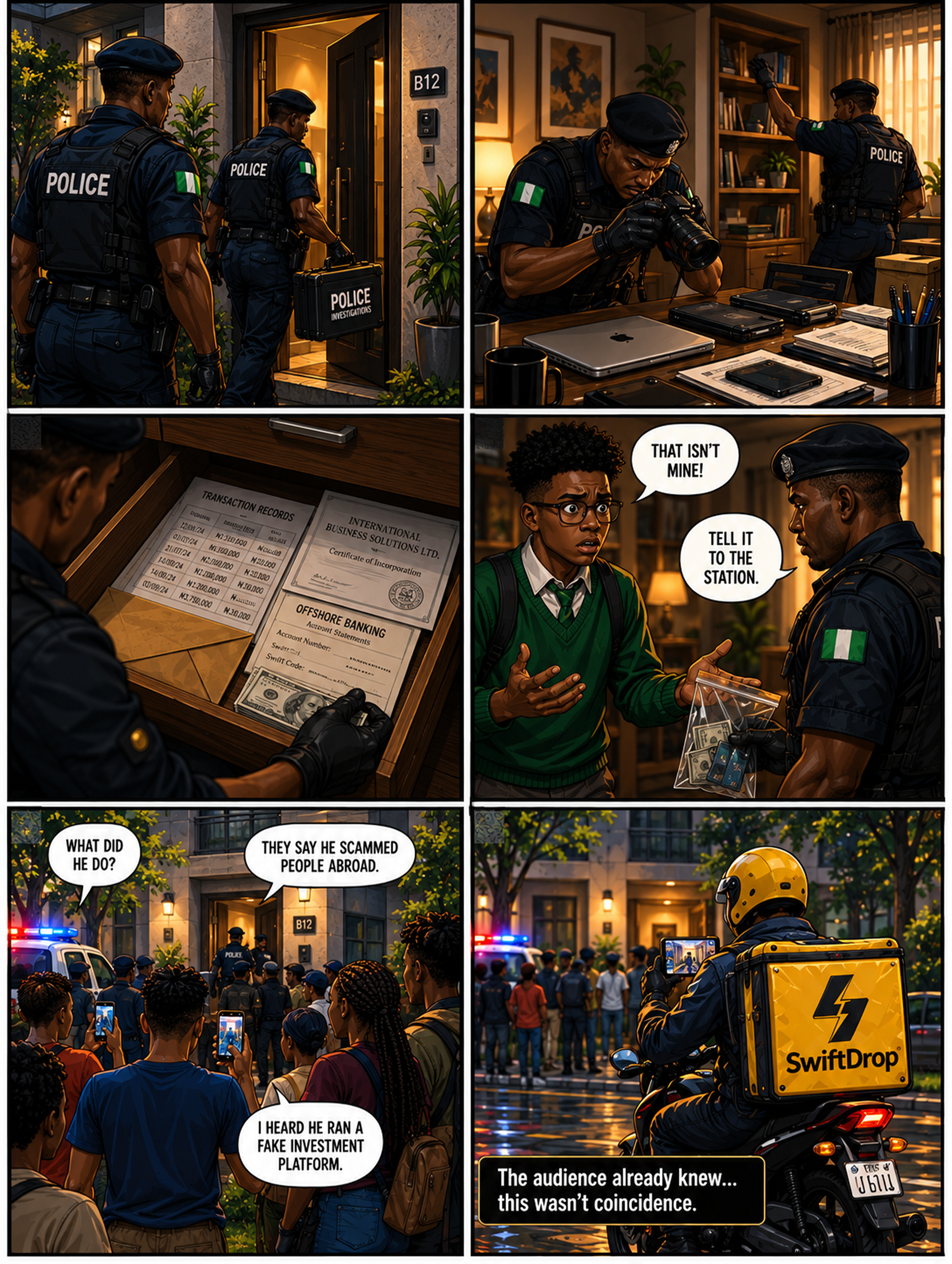 The frame — police raid apartment B12, plant cash and offshore papers, arrest Kobo while a delivery rider films the crowd