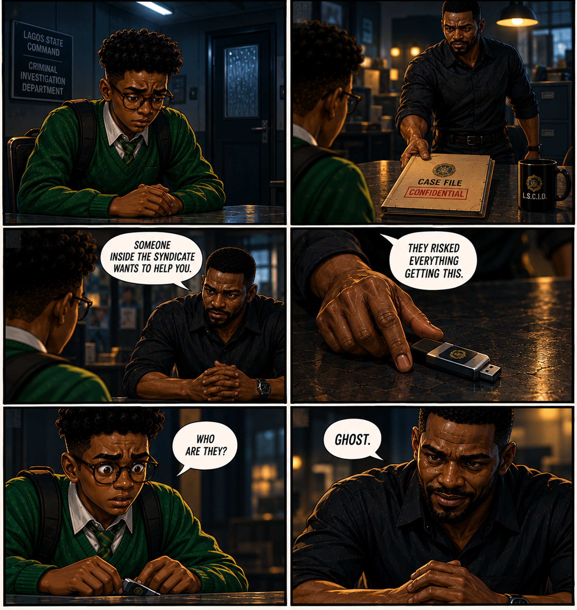 The informant — at Lagos CID an investigator gives Kobo a case file and a USB from someone inside the syndicate named Ghost