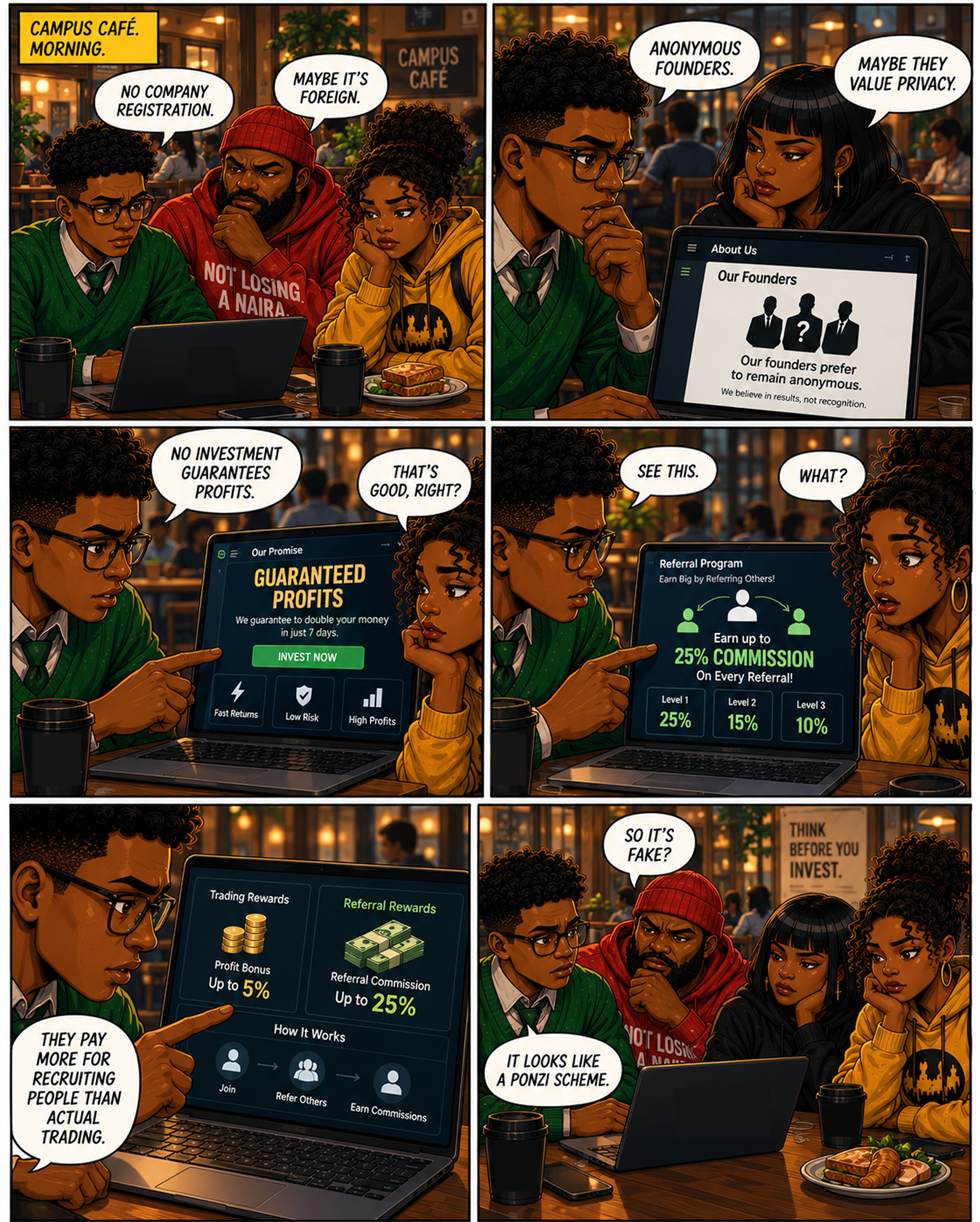 The crew spots red flags: no company registration, anonymous founders, guaranteed profits, and referral commissions bigger than trading rewards