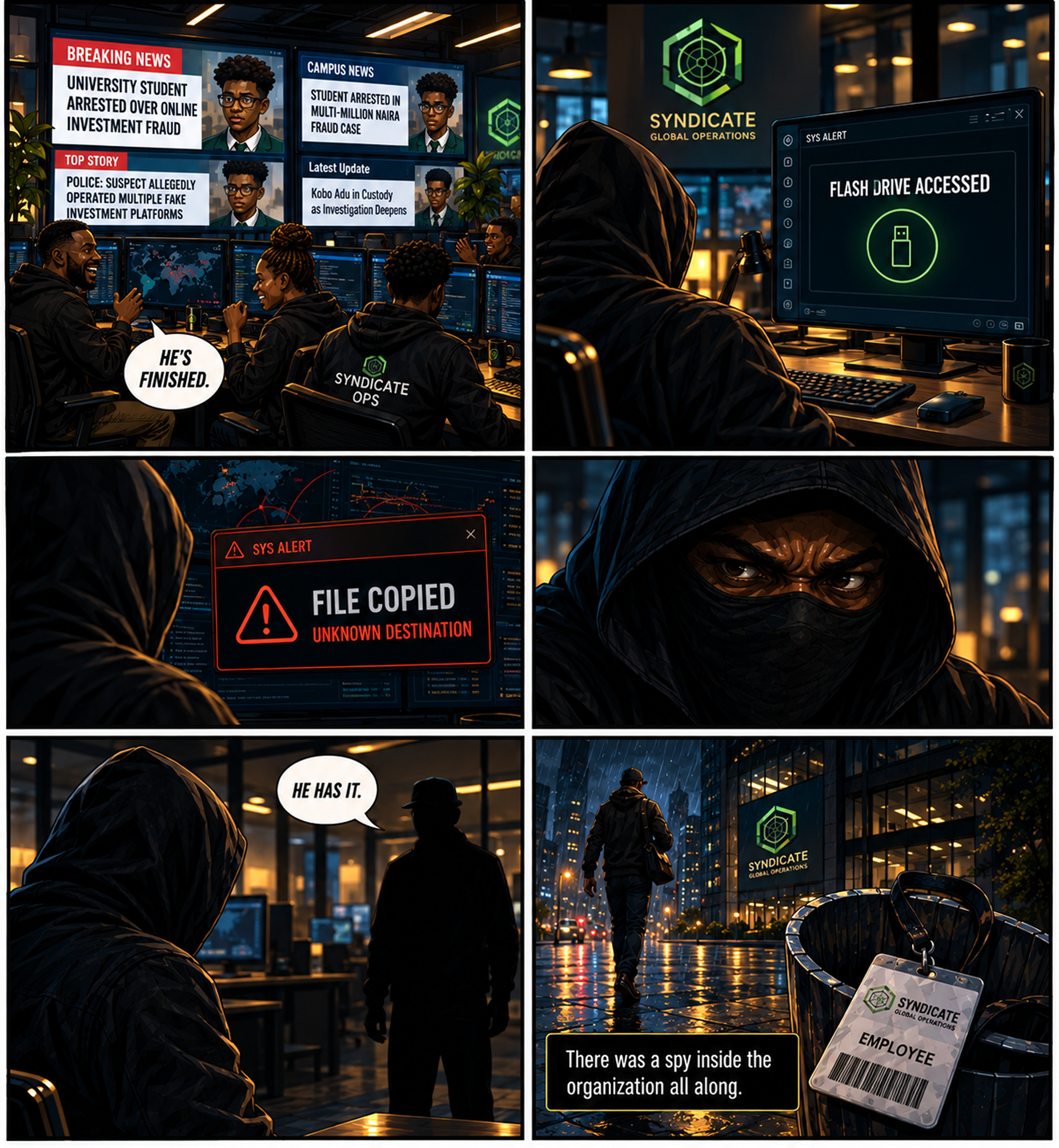 The twist — Syndicate Ops celebrates Kobo’s arrest while a flash drive is copied and a spy walks out into the rain