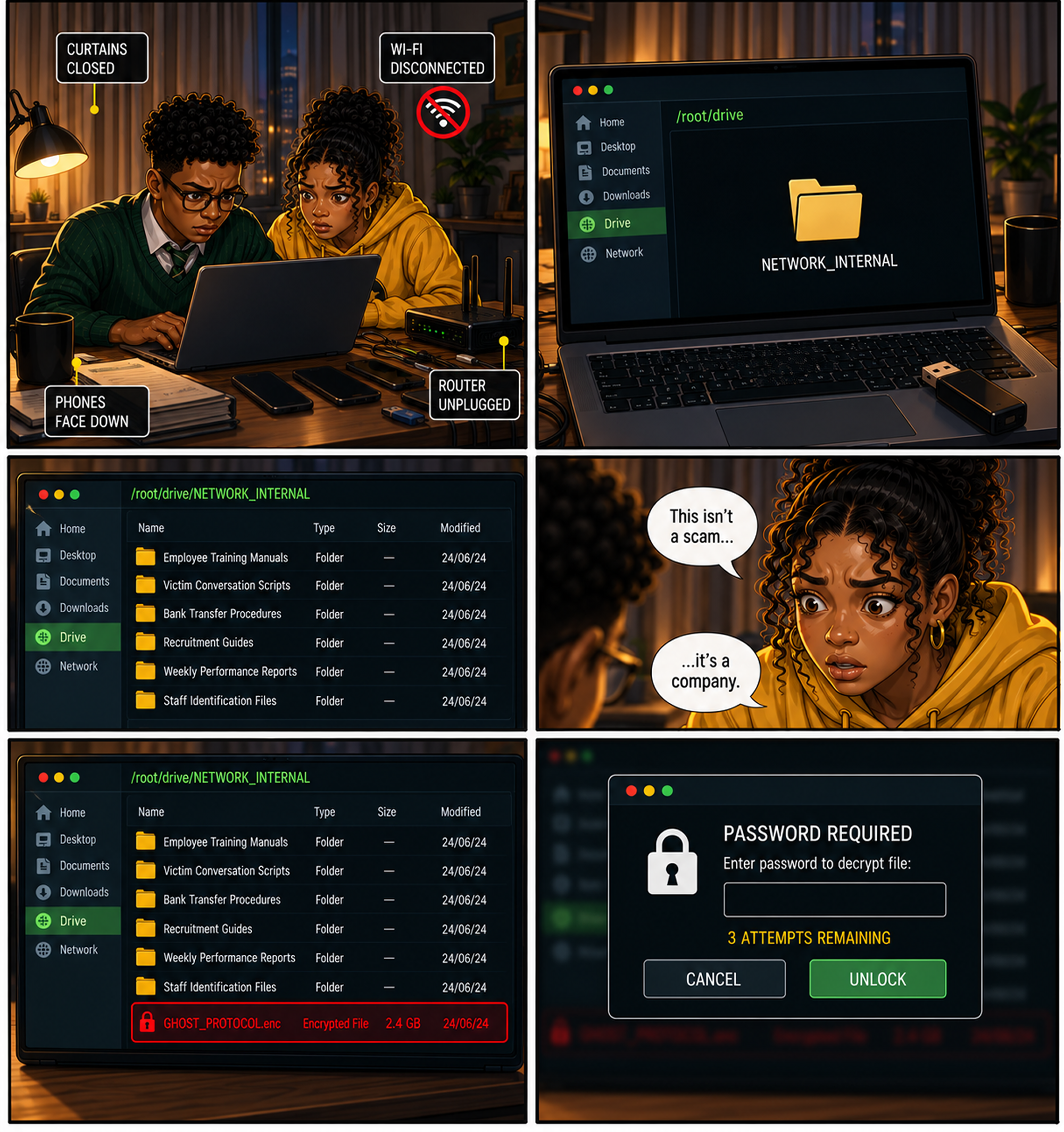 The files — offline and untraced, they open Network Internal training, scripts, and bank procedures, then hit encrypted Ghost Protocol