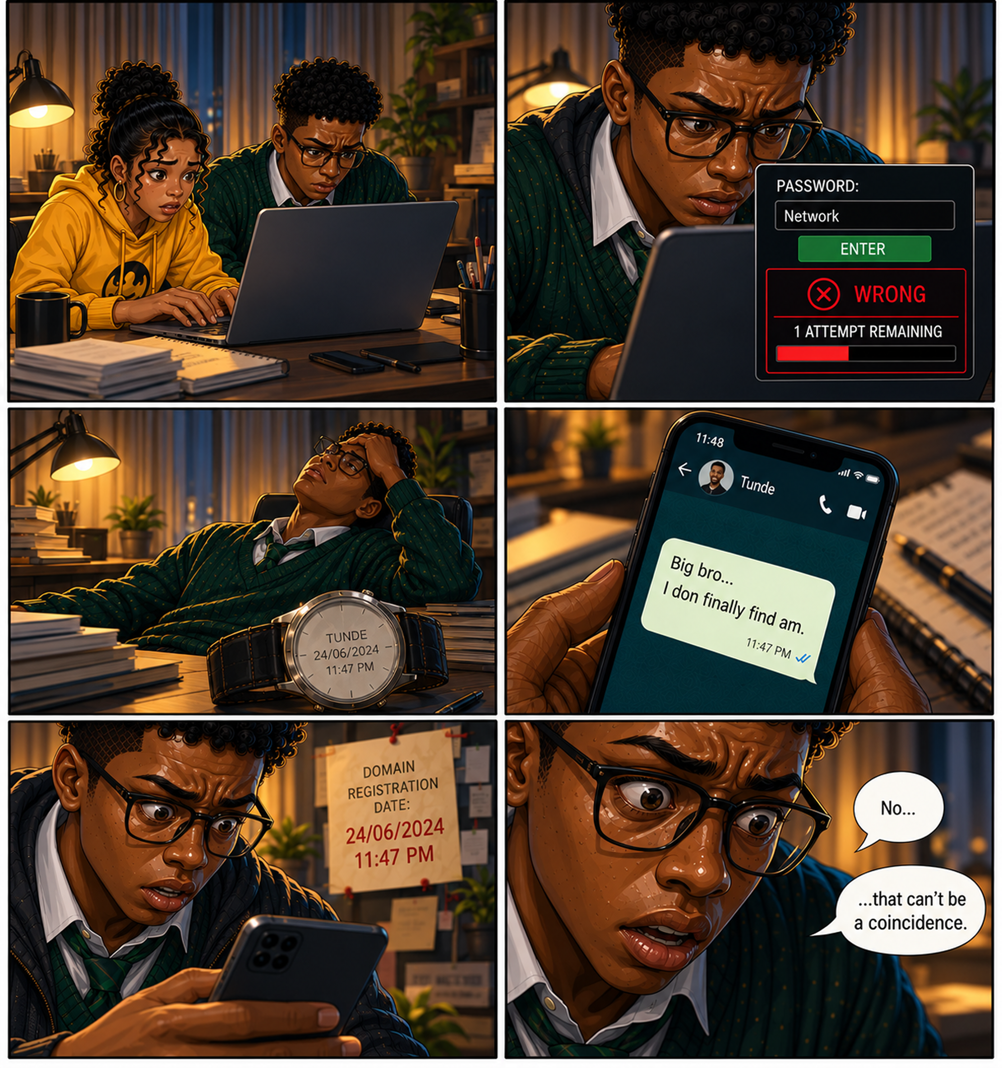 The password — failed guesses lead Kobo to a timestamp match between Tunde’s message and a hidden domain registration