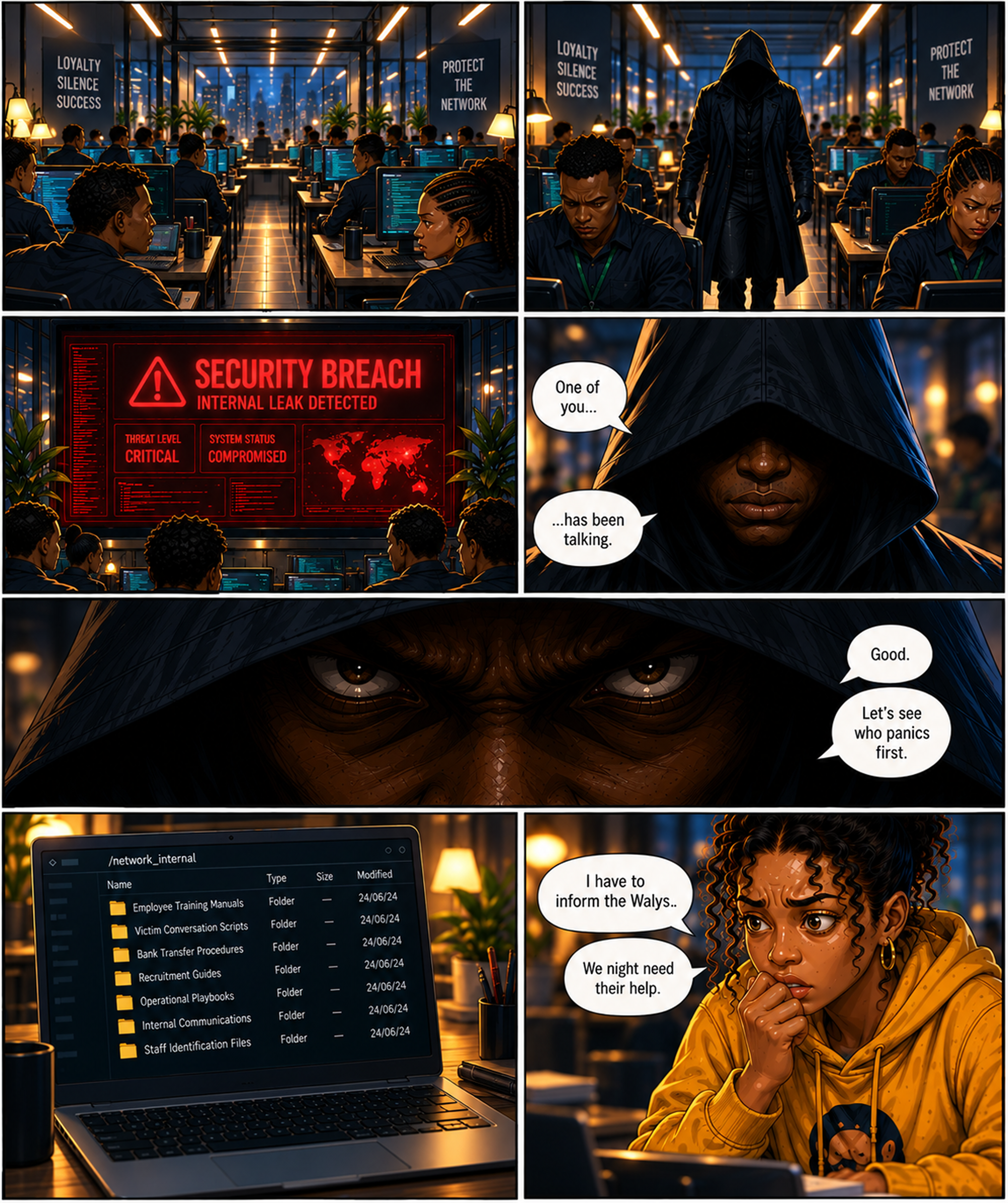 The mole — Syndicate headquarters locks down after a breach and the hooded boss opens a new high-priority file labeled Kobo