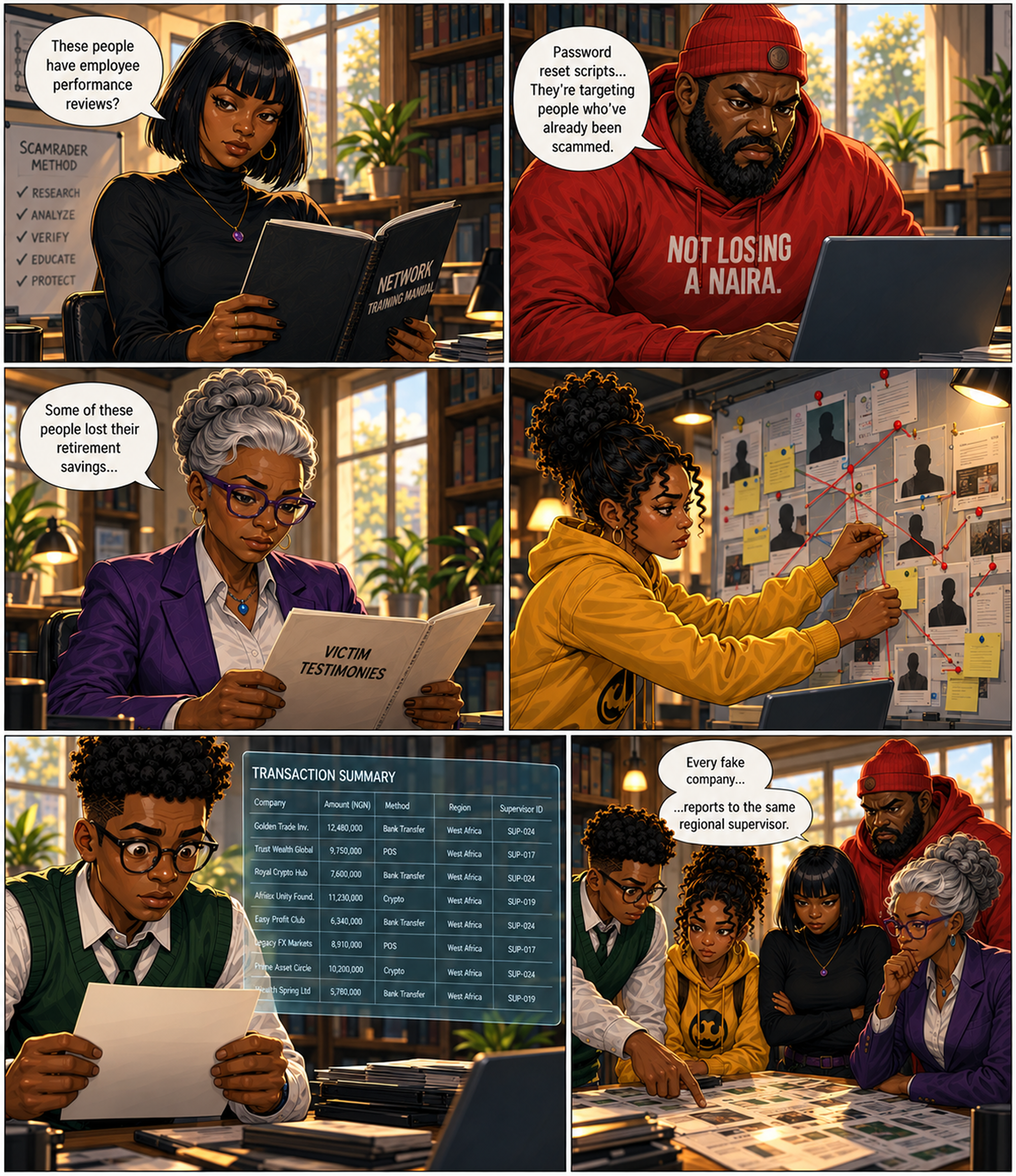 The crew maps training manuals, password-reset scripts, victim testimonies, and transaction summaries that all point to one regional supervisor