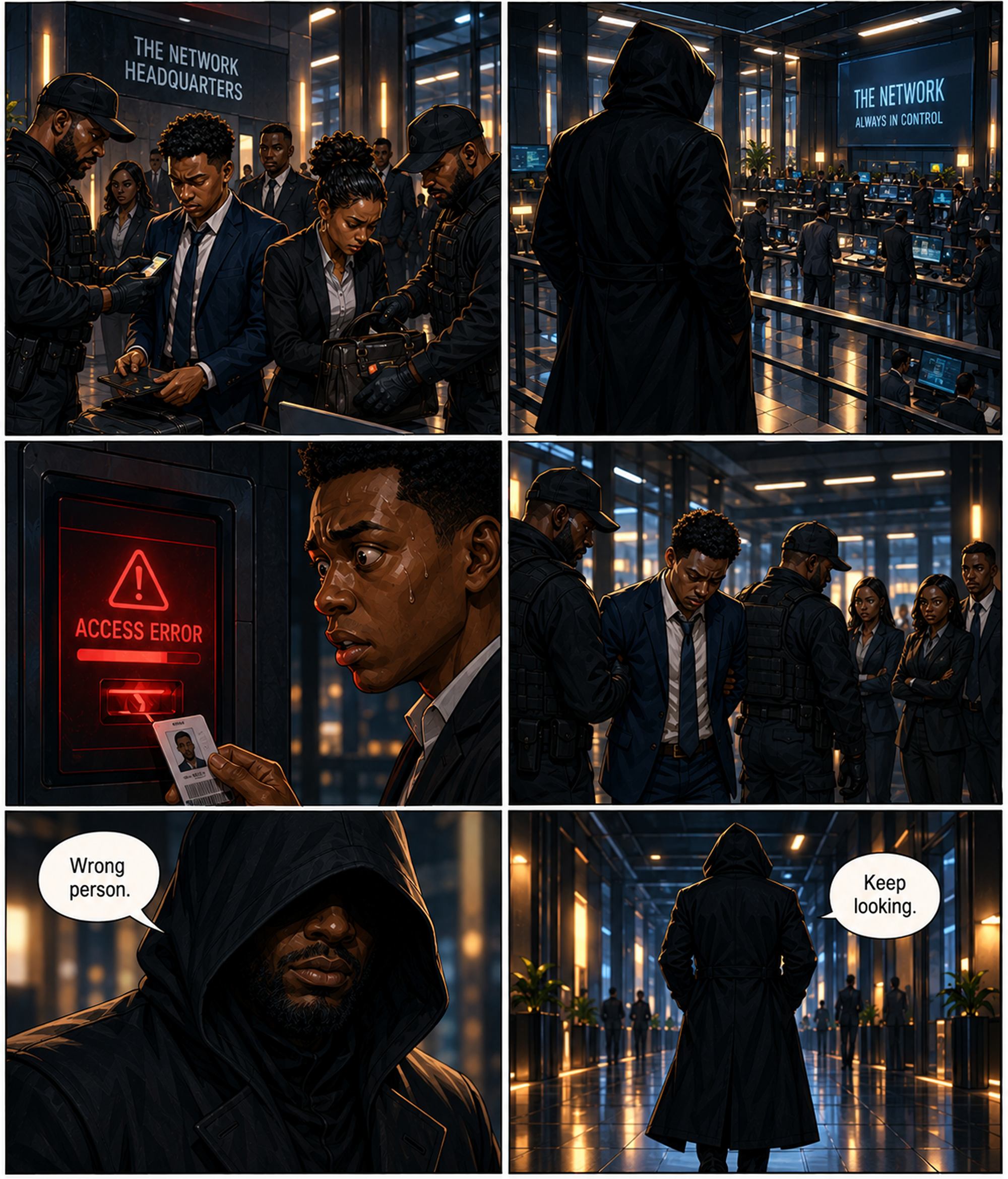 Network headquarters sweeps IDs — a scared employee is dragged away for an access error, but the boss says wrong person, keep looking