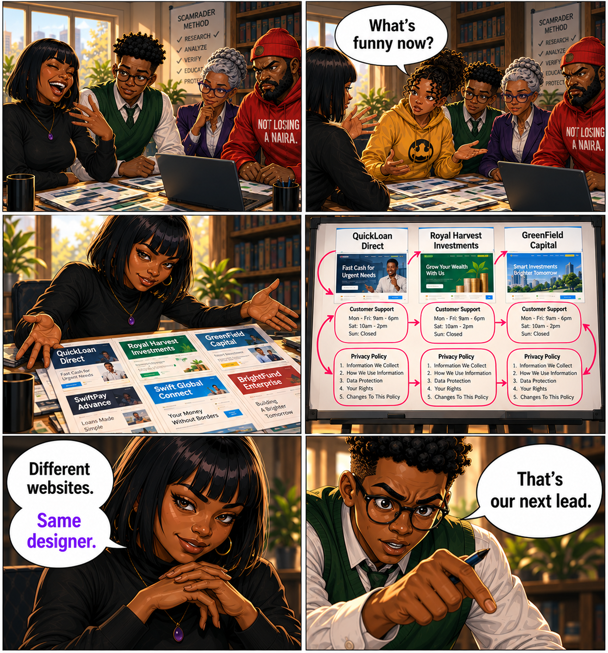 Different websites, same designer — QuickLoan, Royal Harvest, and GreenField share fonts, wording errors, hours, and policy structure