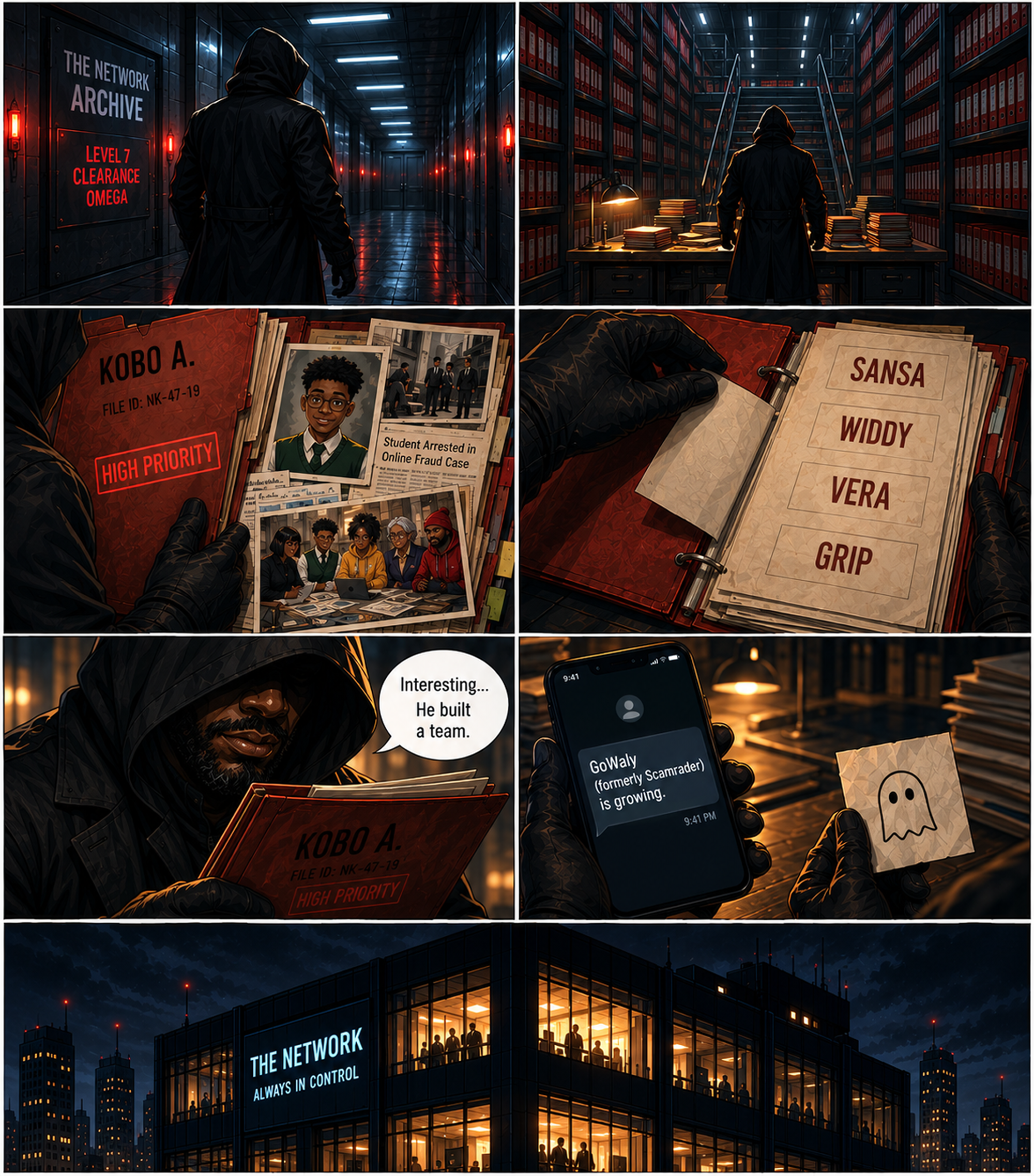 In The Network Archive the boss opens Kobo’s file, sees Sansa, Widdy, Vera, and Grip, and gets a tip that Scamrader is growing