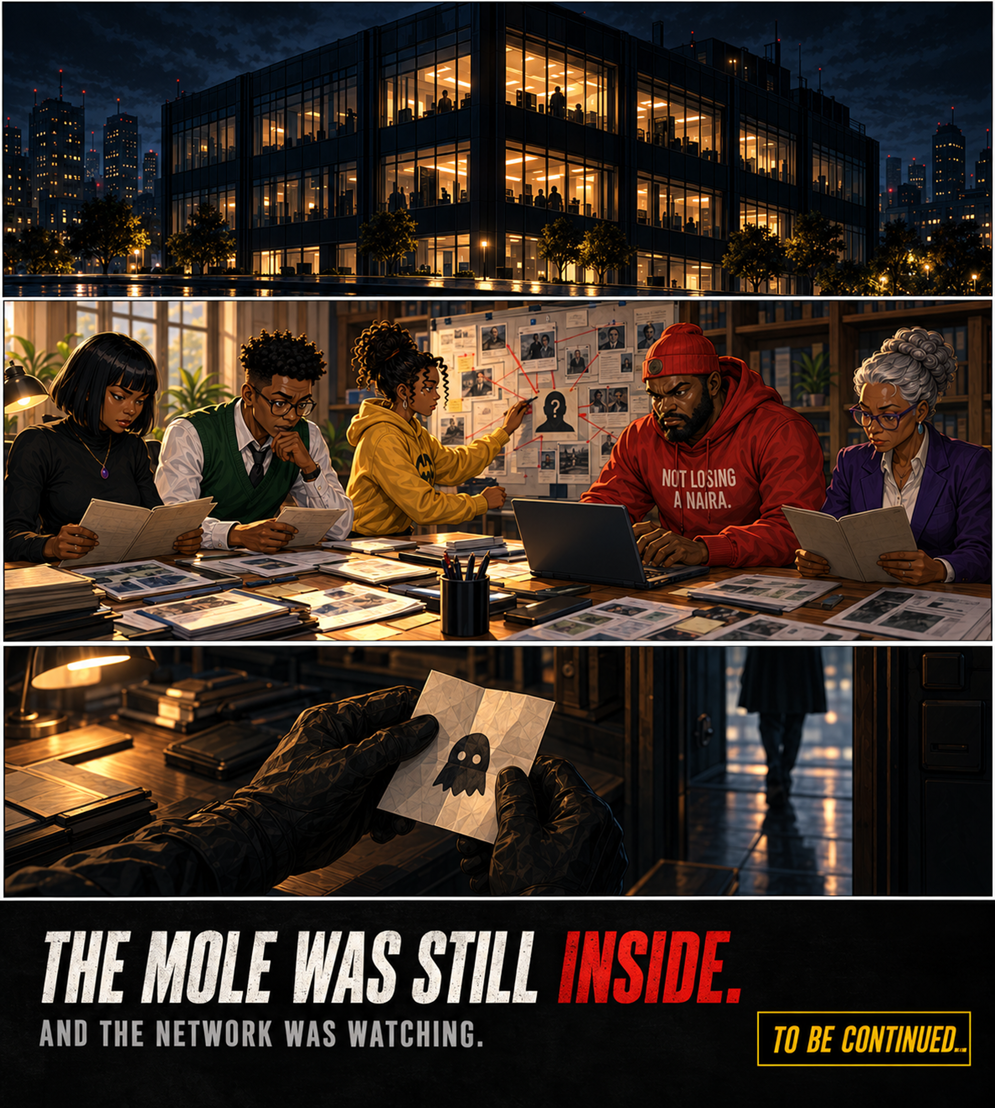Cliffhanger — the crew works the Ghost Files while a mole still inside The Network watches; to be continued