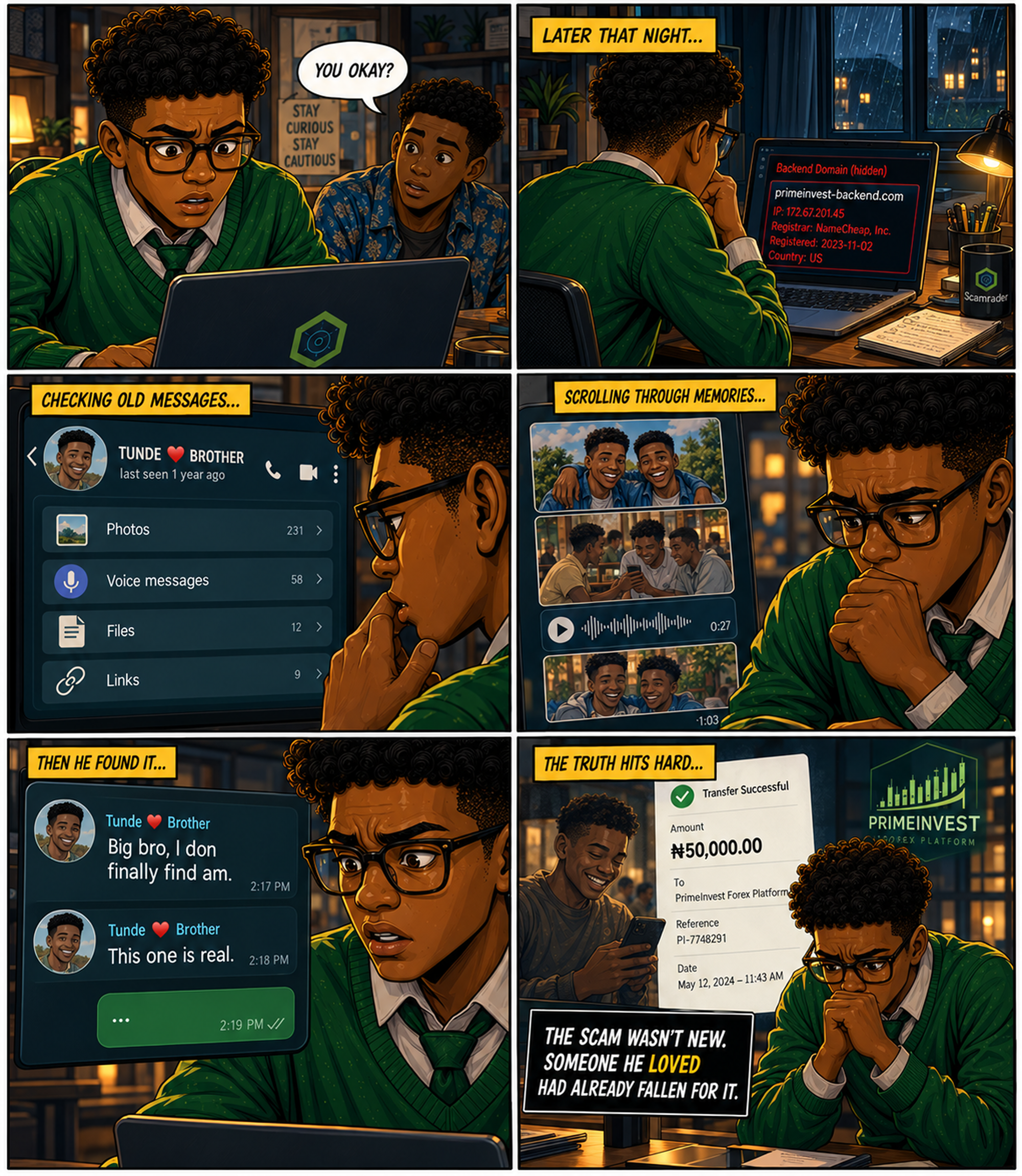 Later that night Kobo checks old messages from his brother Tunde and realizes the same PrimeInvest scam already took someone he loved