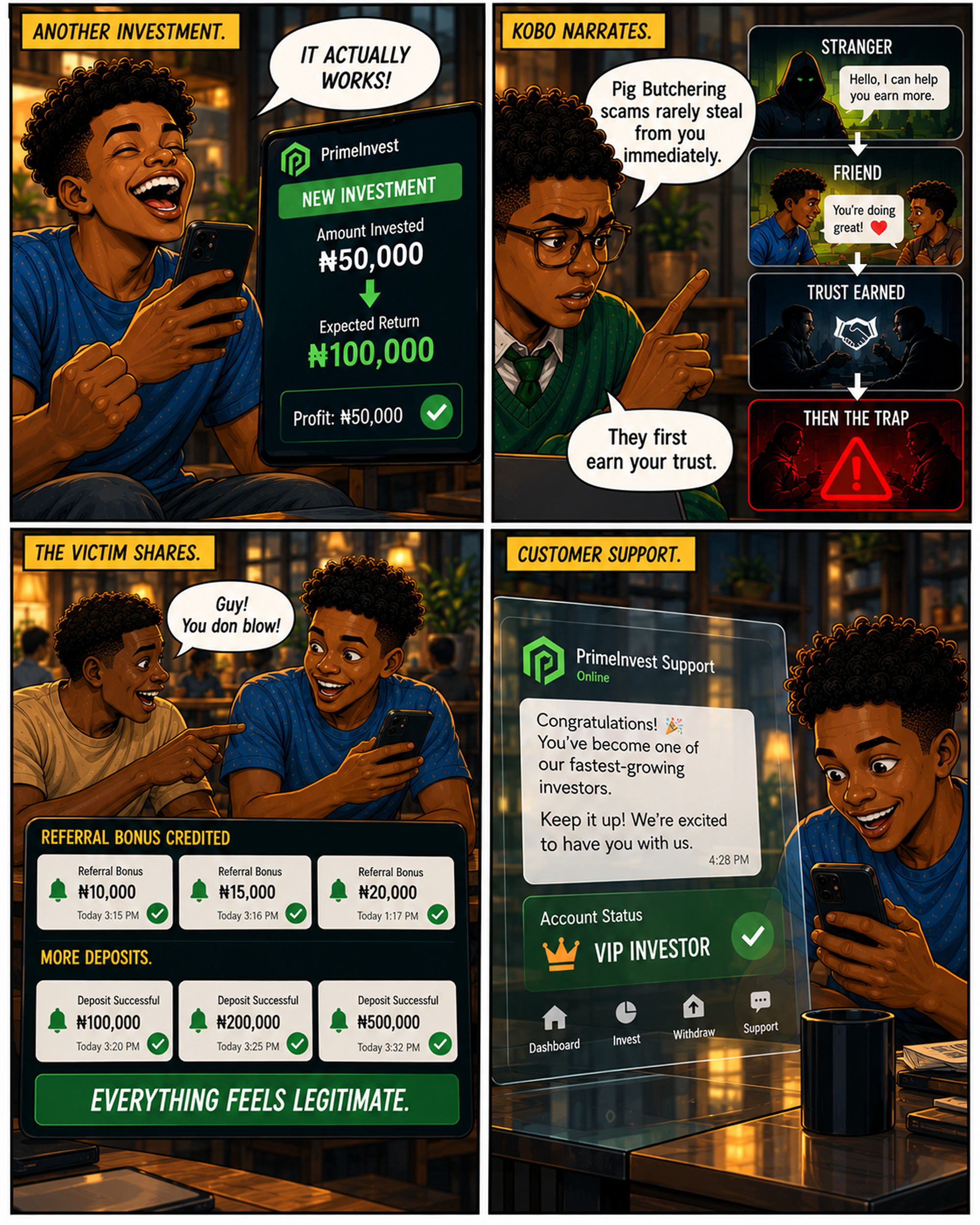 Kobo narrates a pig-butchering scam — early returns, VIP praise, referral bonuses, and friends pressured to join