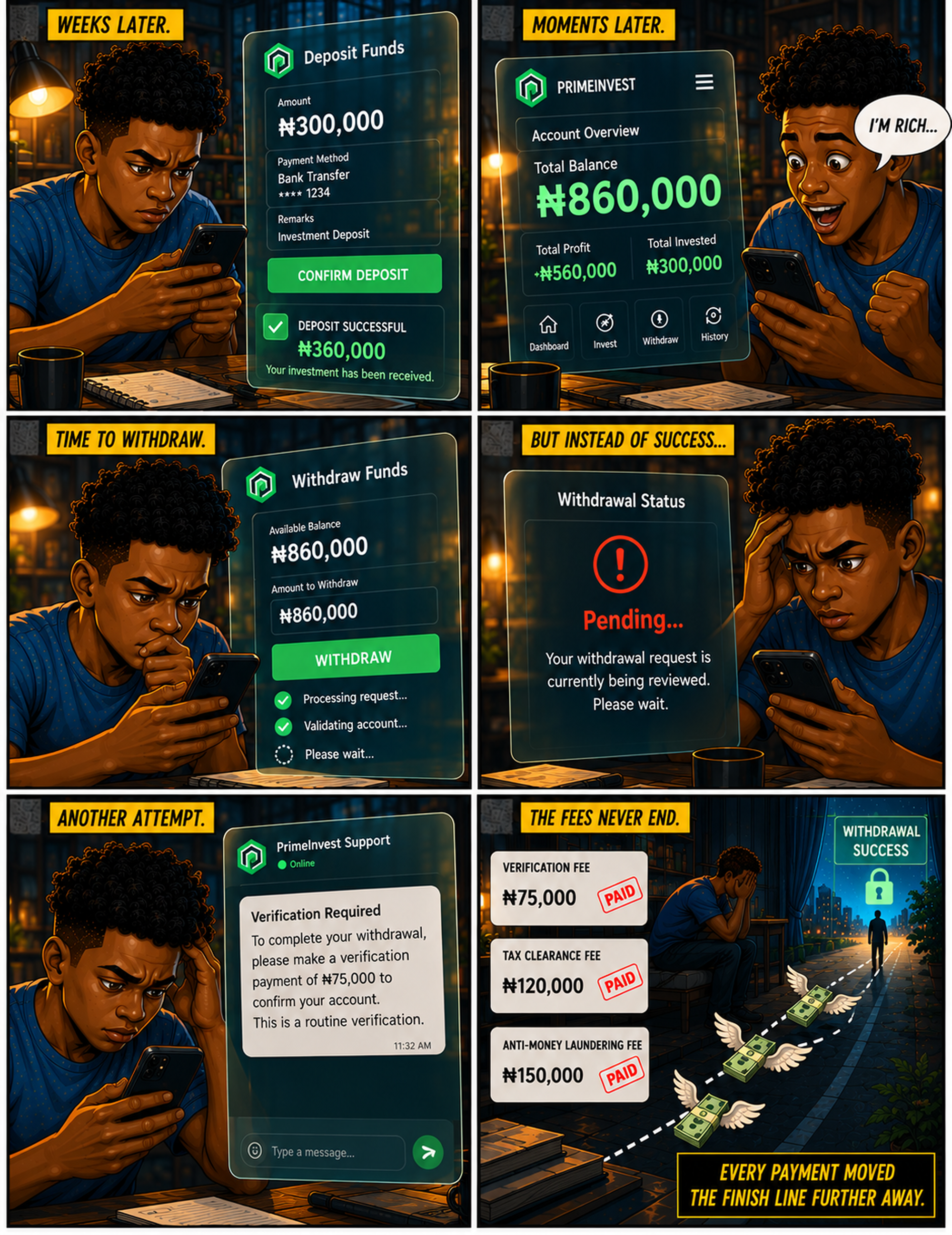 Tunde deposits more, sees fake riches, then faces endless verification, tax, and AML fees that keep moving the withdrawal finish line