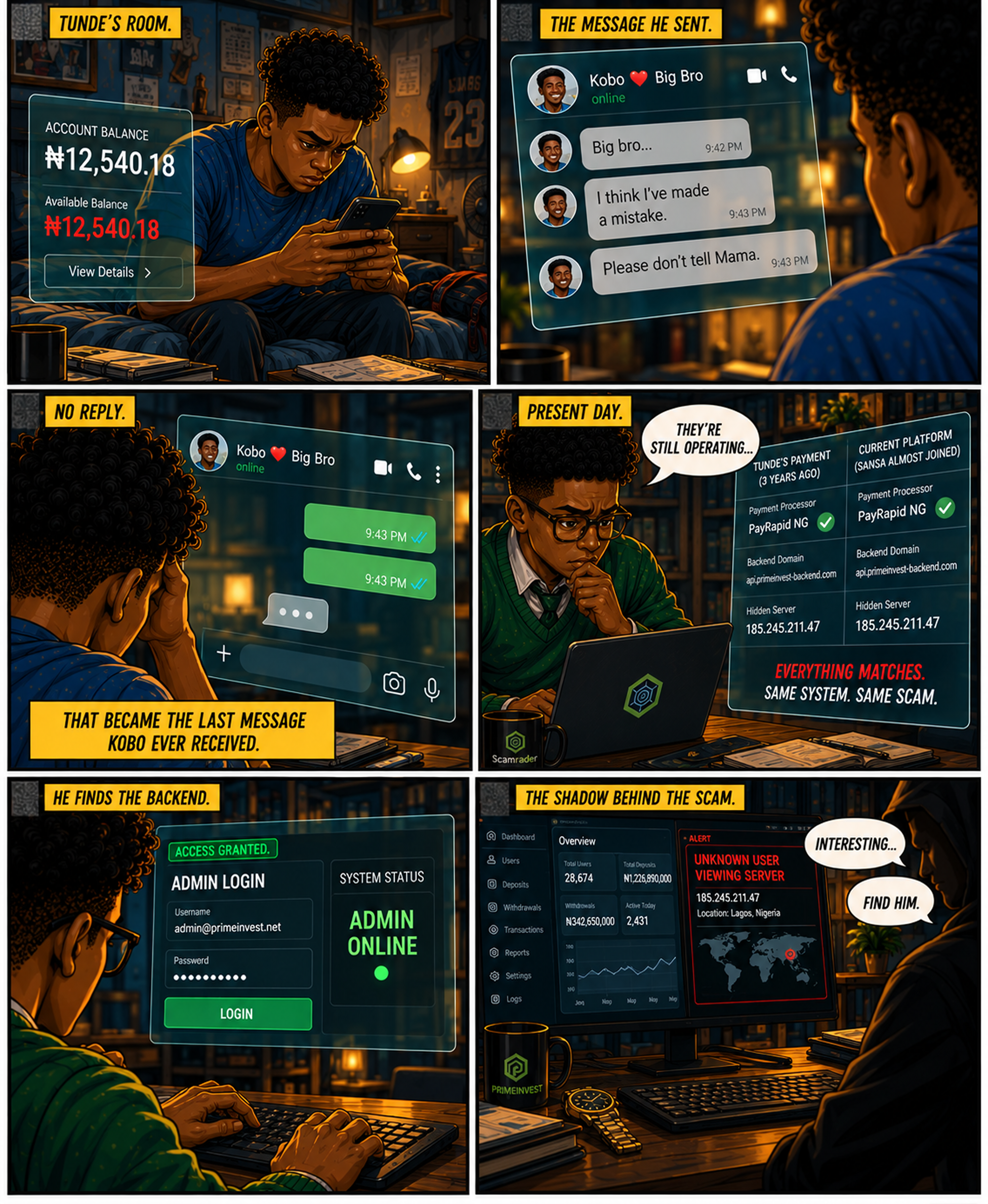 Tunde’s last message to Kobo — present day, Kobo finds the same backend still running, gains admin access, and the shadow behind the scam notices