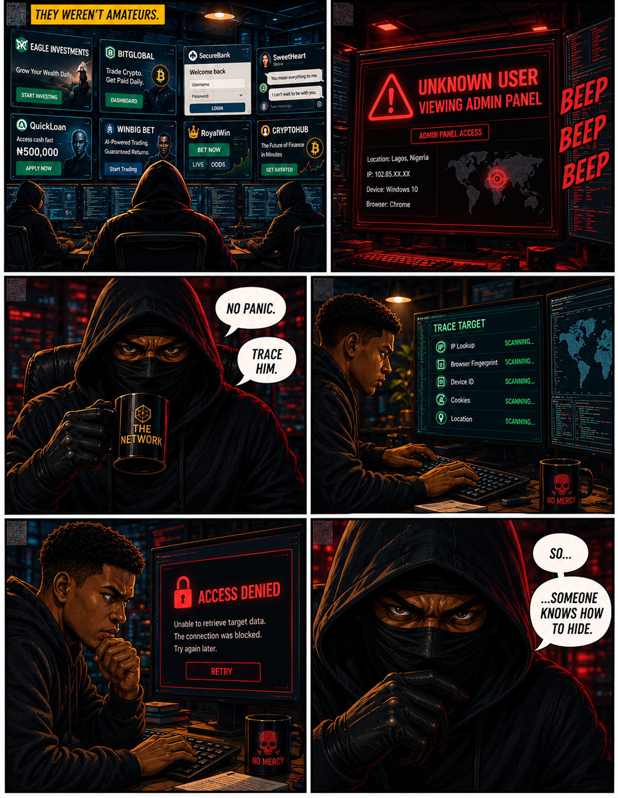 Professional scammers run multiple fraud sites, try to trace the Lagos viewer, and realize someone knows how to hide
